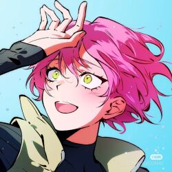 Rule 34 | 1girl, alien stage, black shirt, commentary, english commentary, green vest, half updo, hand up, jiaoshui98161, looking up, mizi (alien stage), open mouth, pink hair, portrait, shirt, short hair, sleeves past wrists, smile, turtleneck, turtleneck shirt, very short hair, vest, watermark, xiaohongshu id, xiaohongshu watermark, yellow eyes
