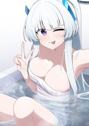 1girl :p bare_arms bare_legs bare_shoulders bathing blue_archive blunt_bangs breasts cleavage collarbone commentary halo headgear highres large_breasts long_hair looking_at_viewer mechanical_halo naked_towel noa_(blue_archive) one_eye_closed purple_eyes sidelocks solo steam tongue tongue_out towel v watakaze water white_hair