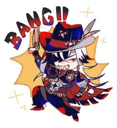1boy absurdres black_hair black_jacket boothill_(honkai:_star_rail) chibi commentary cowboy cowboy_hat cropped_jacket cyborg english_commentary english_text full_body grin gun hair_over_one_eye handgun hat highres holding holding_gun holding_weapon honkai:_star_rail honkai_(series) jacket long_hair male_focus revolver sharp_teeth smile solo teeth u_5ham0 weapon western white_hair