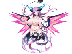1girl annoyed arms_up black_horns black_thighhighs blue_fire breasts closed_mouth demon_girl demon_horns demon_tail demon_wings energy energy_wings eyes_visible_through_hair facial_tattoo fire floating floating_hair full-body_tattoo game_cg glowing glowing_eyes gradient_hair hairband heart heart_tail horns huge_breasts legs_up lilith_origin_(mon-musu_quest!) long_hair magic_circle mon-musu_quest! mon-musu_quest:_paradox multicolored_hair navel neck_tattoo nipples non-web_source nose nude purple_hair purple_hairband red_eyes shiki_(psychedelic_g2) tail tattoo thighhighs torn_clothes torn_thighhighs variant_set very_long_hair wings