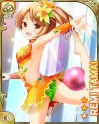 1girl ass ball bare_legs brown_eyes brown_hair card_(medium) day flower girlfriend_(kari) gymnastics hair_flower hair_ornament indoors leotard leotard_peek looking_at_viewer official_art open_mouth orange_leotard qp:flapper rhythmic_gymnastics slippers smile solo standing standing_on_one_leg tagme tamai_remi tanabata