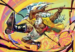 1boy absurdres axe battle_axe beard black_boots boots dark_skin earrings facial_hair grin highres holding holding_axe jewelry long_beard long_hair male_focus mature_male muscular muscular_male one_piece open_clothes open_shirt ponytail scopper_gaban shirt shorts smile solo sunglasses weapon white_hair white_shorts yellow_shirt zarzaliel