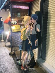 2girls ahoge backpack bag blonde_hair blue_hair bocchi_the_rock! closed_eyes highres holding holding_umbrella ijichi_nijika instrument_case multiple_girls photo_background short_hair side_ponytail transparent transparent_umbrella umbrella yamada_ryo yellow_bag ylxingdng1 yuri