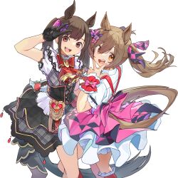 :d absurdres animal_ears black_gloves black_hair bow brown_eyes brown_hair corset ear_bow fake_animal_ears fake_tail from_side gloves hair_between_eyes hair_bow heart-shaped_ornament highres horse_ears horse_girl horse_tail kogomiza looking_at_viewer looking_to_the_side multiple_hair_bows oowada_hitomi open_mouth pink_bow plaid_clothes plaid_skirt puffy_short_sleeves puffy_sleeves purple_bow real_life shirt short_sleeves simple_background skirt smart_falcon_(umamusume) smile tail trailblazer_bash!_(umamusume) twintails umamusume v voice_actor voice_actor_connection white_background white_shirt