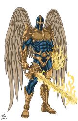 1boy angel angel_wings armor blue_bodysuit bodysuit boots commission energy fingernails full_body gold_armor holding holding_weapon long_sword looking_at_viewer male_focus open_hand redeemer_(spawn) sharp_fingernails shoulder_armor spawn_(comic) sword weapon wings