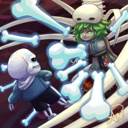 1boy androgynous bone crossover danmaku detached_sleeves ex-sese glowing green_eyes green_hair hair_ornament hood hoodie imitationpie japanese_clothes kitsugai_sese len&#039;en power_connection sans_(undertale) short_hair skeleton skull_hair_ornament smile undertale