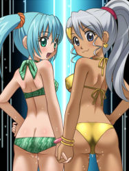 Rule 34 | 2girls, ass, awa, back, bakugan, bikini, blue hair, bracelet, breasts, butt crack, dark-skinned female, dark skin, earrings, gold bikini, heart, heart earrings, jewelry, julie heyward, long hair, looking back, misaki runo, multiple girls, ponytail, sideboob, standing, swimsuit, thighs