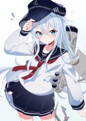 1girl anchor_symbol aqua_background black_hat black_sailor_collar black_skirt blue_eyes blue_hair commentary_request fathom gradient_background hat hibiki_(kancolle) highres kantai_collection long_hair long_sleeves looking_at_viewer neckerchief pleated_skirt red_neckerchief sailor_collar school_uniform serafuku shirt skirt solo thighs white_background white_shirt