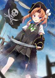 1girl adapted_costume bike_shorts black_gloves black_shorts blue_sky blurry brown_hair cloud collared_shirt commentary_request depth_of_field dress_shirt evening feet_out_of_frame fingerless_gloves flag gloves grey_skirt grey_vest hair_ribbon hat jolly_roger kagerou_(kancolle) kagerou_kai_ni_(kancolle) kakizaki_(chou_neji) kantai_collection pirate pirate_hat pleated_skirt purple_eyes ribbon shirt shorts shorts_under_skirt skirt skull_and_crossed_swords sky solo sword twintails vest weapon white_ribbon white_shirt