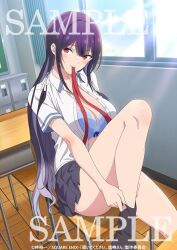 1girl blue_bra blush bra breasts chair cleavage colored_inner_hair gradient_hair hair_ribbon haite_kudasai_takamine-san indoors large_breasts long_hair looking_at_viewer multicolored_hair official_art open_clothes open_shirt purple_hair red_eyes ribbon sample_watermark school_uniform shirt sidelocks sitting socks takamine_takane thighs two-tone_hair unbuttoned unbuttoned_shirt underwear watermark white_ribbon white_shirt