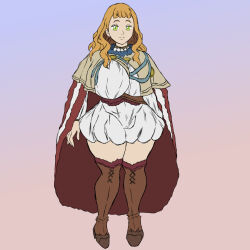 1girl black_clover blonde_hair boots breasts coat curvy dress female_focus green_eyes huge_breasts large_breasts legs long_hair long_legs looking_at_viewer mimosa_vermillion popstepx size_difference smile solo standing thick_thighs thighs wavy_hair wide_hips