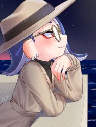 1girl against_railing amakusa_setoka bespectacled blue_hair blush cephalopod_eyes coat commentary_request dusk earrings from_side glasses highres horizon jewelry looking_up multiple_earrings night night_sky nintendo octoling railing red_eyes round_eyewear shiver_(splatoon) sky splatoon_(series) splatoon_3 star_(sky) tentacle_hair tooth_earrings trench_coat water yellow-framed_eyewear