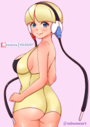 1girl ass blonde_hair blue_eyes blush breasts dress elesa_(pokemon) from_behind game_freak headphones large_breasts looking_at_viewer looking_back misune_art nintendo no_panties pokemon pokemon_bw purple_background short_dress short_hair sleeveless sleeveless_dress smile standing yellow_dress