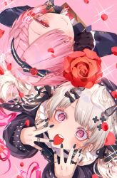 2girls :3 :o absurdres ahoge black_gloves black_nails blush bow braid braided_hair_rings falling_petals flower from_above gloves grey_hair hair_bow hair_over_one_eye hair_rings hand_to_own_mouth hat highres lion_iscat lollipop_in_mouth looking_at_viewer multiple_girls nijisanji nijisanji_en petals pink_eyes pink_hair red_eyes red_flower red_rose reimu_endou rose rosemi_lovelock rosemi_lovelock_(spy_suit) sparkle twintails virtual_youtuber