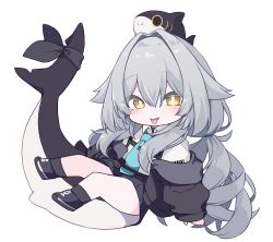 1girl :p absurdres animal animal_on_head black_jacket black_ribbon black_shoes black_skirt black_socks blue_necktie blush chibi collared_shirt fins fish_tail full_body grey_hair hair_between_eyes hair_flaps hair_intakes highres jacket long_hair long_sleeves looking_at_viewer low_twintails necktie off_shoulder on_head open_clothes open_jacket pleated_skirt ribbon rurune_(vrchat) shark_tail shirt shoes simple_background skirt smile socks solo tail teeth tongue tongue_out transparent_background twintails very_long_hair vrchat whale white_background white_shirt yellow_eyes yuki_kawachi