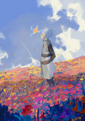 Rule 34 | 1boy, arms behind back, blue hair, blue sky, cyrus (pokemon), field, flower, flower field, gen 4 pokemon, highres, male focus, nintendo, outdoors, petals, pingupong0, pokemon, pokemon (creature), pokemon dppt, rotom, rotom (normal), sky, spiked hair, standing, team galactic