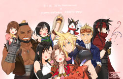 4girls aerith_gainsborough armor ascot asymmetrical_bangs barret_wallace beard belt black_hair blonde_hair blue_eyes blue_jacket blue_shirt blush bracelet brown_eyes brown_hair brown_vest cait_sith_(final_fantasy) cape cat cid_highwind cigarette closed_eyes cloud_strife crown curly_hair dog_tags dress everyone facial_hair final_fantasy final_fantasy_vii fingerless_gloves gloves goggles goggles_on_head green_shirt headband highres jacket jewelry krudears long_hair marlene_wallace multiple_boys multiple_girls one_eye_closed own_hands_clasped pink_dress prosthesis prosthetic_hand red_cape red_fur red_jacket red_xiii ribbon scar scar_on_face shirt short_hair shoulder_armor spiked_hair sports_bra square_enix straight_hair suspenders tifa_lockhart turtleneck vest vincent_valentine white_gloves wink yellow_eyes yuffie_kisaragi