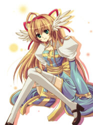 1girl ahoge arch_bishop_(ragnarok_online) black_shoes blue_dress breasts brown_hair cleavage cleavage_cutout clothing_cutout commentary_request cross dress full_body green_eyes grin hairband high_heels juliet_sleeves kuko_(endless-repeat) long_hair long_sleeves looking_at_viewer mary_janes medium_breasts puffy_sleeves ragnarok_online red_hairband sash shadow shoes simple_background sitting smile solo thighhighs two-tone_dress very_long_hair white_background white_dress white_thighhighs yellow_sash