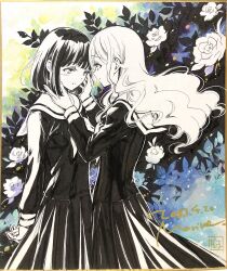 2girls black_hair black_serafuku black_shirt black_skirt blunt_bangs blush bob_cut commentary_request dated floating_hair flower hands_on_another&#039;s_face highres leaf long_hair long_sleeves looking_at_another looking_down maria-sama_ga_miteru marine_(confeitokobo) multiple_girls neckerchief nijou_noriko parted_lips pleated_skirt rose sailor_collar school_uniform serafuku shikishi shirt short_hair signature skirt smile spot_color toudou_shimako traditional_media wavy_hair white_sailor_collar yuri