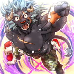 1boy abs bara camouflage camouflage_pants claws commentary_request fangs fingerless_gloves fur-trimmed_jacket fur_trim furry furry_male gloves highres horns jacket krampus_(housamo) male_focus multiple_scars muscular muscular_male niku_nabe nipples open_mouth pants pectorals pointing red_jacket scar scar_across_eye scar_on_chest scar_on_face scar_on_stomach tail tokyo_houkago_summoners topless_male whiskers white_gloves