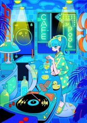 1girl arrow_(symbol) bar_stool blue_eyes blue_hair bow cassette_tape glass_door hair_between_eyes hair_bow hand_on_table high_ponytail highres holding_cherry ladder lamp letter multicolored_clothes multicolored_footwear nakazawa_ayami neon_lights neon_palette original pajamas patterned_clothing plant ponytail pool record rubber_duck sandals stool swim_ring tile_floor tile_wall tiles towel yellow_bow
