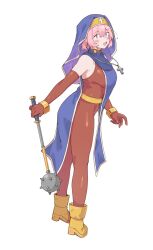 absurdres blue_coif blue_tabard blush bodysuit boots breasts brown_bodysuit brown_boots brown_gloves commentary cosplay cross cross_necklace dragon_quest dragon_quest_iii elbow_gloves full_body gloves highres holding holding_mace holding_weapon jewelry kokuya_(kokuya28) large_breasts looking_at_viewer mace necklace open_mouth original pink_eyes pink_hair pointy_ears priest_(dq3) priest_(dq3)_(cosplay) short_hair simple_background sleeveless sleeveless_bodysuit smile spiked_mace spikes symbol-only_commentary tabard weapon white_background