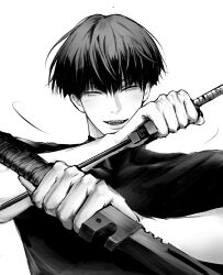 Rule 34 | 1boy, black hair, black shirt, closed eyes, collared shirt, commentary request, covered collarbone, dang0 23, fangs, fighting stance, hair between eyes, highres, holding, holding weapon, hoshina soshiro, kaijuu no. 8, korean commentary, male focus, monochrome, parted lips, shirt, short hair, simple background, smile, solo, teeth, upper body, upper teeth only, weapon, white background