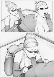 1boy 1girl absurdres ayase_seiko breasts cleavage closed_eyes clothed_sex collarbone dandadan dolphin_shorts erection erodrunky fellatio glasses greyscale hair_bun hetero highres kneeling large_breasts large_penis licking licking_penis looking_at_penis male_underwear male_underwear_pull mature_female monochrome open_mouth oral parted_lips penis penis_awe shorts tank_top thighhighs tongue tongue_out uncensored underwear