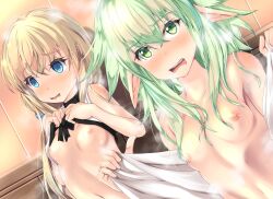 Rule 34 | 2girls, backlighting, black bow, blonde hair, blush, bow, breasts, clothes lift, clothes pull, completely nude, elf, gc3, goblin slayer!, green eyes, green hair, hair between eyes, hair bow, high elf archer (goblin slayer!), lifting own clothes, long hair, multiple girls, navel, nude, open mouth, panties, pointy ears, priestess (goblin slayer!), ribbon trim, small breasts, standing, sunlight, uncensored, underwear, very long hair