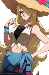 1girl blonde_hair blue_sarong brown_hat closed_mouth collarbone commentary crop_top cynthia_(pokemon) cynthia_(summer_2025)_(pokemon) english_commentary eyelashes grey_eyes hair_over_one_eye hand_on_own_hip hat highres long_hair looking_at_viewer midriff navel nintendo official_alternate_costume pokemon pokemon_masters_ex sarong solo sun_hat thatamaan very_long_hair white_background