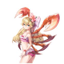 1girl absurdres artist_request bikini bikini_skirt blonde_hair bow bow_bikini bracelet commentary commentary_request cowboy_shot crab_claw english_commentary flat_chest flower flower_bracelet frilled_bikini frills green_eyes hair_flower hair_ornament hair_ribbon highres jewelry king&#039;s_raid korean_commentary long_hair mixed-language_commentary monster_girl official_alternate_costume official_art pink_bikini pink_flower pink_ribbon ponytail ribbon second-party_source swimsuit viska_(king&#039;s_raid) white_bikini white_flower white_ribbon wide_ponytail