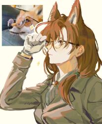 0820_lakia 1girl animal animal_ears brown_eyes brown_hair commentary_request fox fox_ears fox_girl glasses gloves grey_jacket highres jacket korean_commentary long_hair looking_to_the_side low-tied_long_hair original personification reference_inset simple_background solo upper_body white_gloves yellow_background