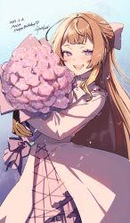 1girl anya_melfissa bouquet brown_hair dated dress flower gloves gradient_background happy_birthday highres holding holding_bouquet hololive hololive_indonesia long_hair mizuse_hazuki7 purple_eyes signature smile virtual_youtuber