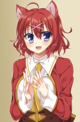 1girl :d ahoge amairo_islenauts animal_ears blue_eyes blush brown_corset commentary_request corset eyes_visible_through_hair fang fingernails fuyukichi_(nikoniko1567) hair_between_eyes hair_ornament hands_up jacket long_sleeves looking_at_viewer masaki_gaillard medium_hair necktie open_mouth outstretched_hand partial_commentary red_hair red_jacket shirt simple_background smile smug solo teeth upper_body upper_teeth_only v-shaped_eyebrows white_shirt wide_sleeves wolf_ears wolf_girl x_hair_ornament yellow_background yellow_necktie