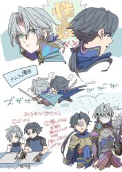 2boys angeal_hewley armor bare_shoulders black_hair blue_bow blue_cape blue_eyes bow cape chainsaw commentary_request cosplay cyan_garamonde cyan_garamonde_(cosplay) edgar_roni_figaro edgar_roni_figaro_(cosplay) final_fantasy final_fantasy_vi final_fantasy_vii final_fantasy_vii_ever_crisis green_eyes grey_hair hair_bow high_collar highres holding holding_chainsaw holding_sword holding_weapon looking_at_viewer low_ponytail male_focus multiple_boys multiple_views oshibainoticket ponytail running sephiroth sephiroth_(ever_crisis) sleeveless sleeveless_turtleneck sweater sword turtleneck turtleneck_sweater upper_body weapon