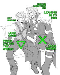 2boys armor black_gloves boots chest_strap closed_mouth cloud_strife english_text felsparks final_fantasy final_fantasy_vii final_fantasy_vii_advent_children gloves green_line_test_(meme) hands_on_legs highres long_hair male_focus manspreading meme multiple_boys pauldrons sephiroth short_hair shoulder_armor sitting smile spiked_hair spread_legs triangle