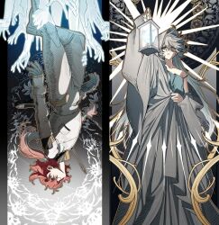 2girls aqua_eyes armor commentary_request falling gundam gundam_suisei_no_majo highres korean_commentary lantern leg_grab long_hair miorine_rembran multiple_girls ponytail purple_eyes red_hair robe seza_(enlwnaos) suletta_mercury sword weapon white_hair
