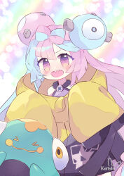Rule 34 | 1girl, :d, absurdres, bellibolt, blue hair, bow-shaped hair, character hair ornament, fake hair bun, gen 1 pokemon, hair ornament, highres, iono (pokemon), jacket, koitshi, magnemite, multicolored hair, nintendo, open mouth, pink eyes, pink hair, pokemon, pokemon (creature), pokemon sv, sharp teeth, sleeves past wrists, smile, split-color hair, teeth, two-tone hair, very long sleeves, yellow jacket