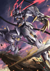 absurdres cable cable_tail claws cloud cloudy_sky commentary embers eye_trail from_side glowing glowing_eyes gundam gundam_barbatos_lupus_rex gundam_tekketsu_no_orphans highres holding holding_mace holding_weapon light_trail mace mecha mecha_focus mechanical_tail mobile_suit no_humans open_hand red_eyes robot science_fiction sky solo standing tail troy_(oxaa01ex) v-fin weapon