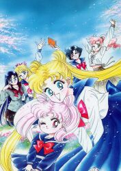 1990s_(style) 6+girls :d ;d ^_^ absurdres aino_minako arm_up artbook bishoujo_senshi_sailor_moon black_hair blonde_hair blue_eyes blue_hair blue_sailor_collar blue_skirt book brown_sailor_collar brown_skirt cherry_tree chibi_usa child closed_eyes closed_mouth cone_hair_bun day double_bun earrings friends grass green_eyes group_picture hair_bun height_difference highres hino_rei holding holding_book incredibly_absurdres jewelry juuban_elementary_school_uniform juuban_middle_school_uniform kino_makoto kino_makoto&#039;s_school_uniform leaning_forward lips locked_arms long_skirt midriff_peek mizuno_ami mother_and_daughter multiple_girls navel necklace non-web_source official_art one_eye_closed open_mouth outdoors pale_skin pink_hair pink_lips ponytail retro_artstyle sailor_collar scan school_uniform shiba_koen_middle_school_uniform skirt sky smile stretching ta_girls_school_uniform takeuchi_naoko_(style) tsukino_usagi