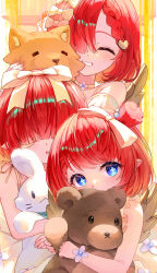 Rule 34 | 3girls, :o, bare shoulders, blue eyes, blush, bow, closed eyes, commentary request, cross-shaped pupils, grin, hair bow, hair over eyes, hair over one eye, highres, holding, holding stuffed toy, honkai: star rail, honkai (series), looking at viewer, multiple girls, pioko, pointy ears, red hair, signature, smile, stuffed toy, symbol-shaped pupils, trianne (honkai: star rail), tribbie (honkai: star rail), trinnon (honkai: star rail), white bow