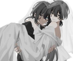 2boys bags_under_eyes black_eyes black_hair blue_eyes bridal_veil carrying double-parted_bangs dress hair_between_eyes hand_on_another&#039;s_back hand_on_another&#039;s_leg hand_on_another&#039;s_shoulder heterochromia highres hong_lu_(project_moon) limbus_company looking_at_viewer multiple_boys princess_carry project_moon smile teardrop_facial_mark tuxedo_shirt upper_body veil wedding_dress white_background wuzinan19 yi_sang_(project_moon)