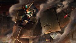 absurdres aqua_eyes building cityscape copyright_logo damaged debris dirty fake_screenshot glowing glowing_eyes gun gundam gundam_0080 gundam_alex gundam_battle_operation_2 highres machine_gun machinery mecha mecha_focus mobile_suit no_humans reactive_armor realistic robot scan science_fiction smoke sunrise_(company) tenjin_hidetaka traditional_media upper_body v-fin weapon