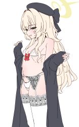 1girl absurdres black_coat black_hat blonde_hair blue_archive bow bow_panties bra breasts cameltoe coat coat_partially_removed from_above garter_belt green_eyes grin halo hat highres loli long_hair looking_at_viewer looking_to_the_side navel panties professor_niyaniya_(blue_archive) red_bow simple_background small_breasts smile solo tewaki thighhighs underwear white_background white_bra white_garter_belt white_panties white_thighhighs yellow_halo