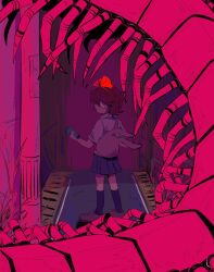Rule 34 | 1girl, animal, animal bag, black socks, bow, brown footwear, brown hair, bug, centipede, eyepatch, flashlight, giant insect, highres, holding, holding flashlight, kneehighs, medical eyepatch, oversized animal, pleated skirt, protagonist (yomawari), red bow, shirt, short sleeves, skirt, socks, solo, starjinxin, white shirt, yomawari, yomawari (series)
