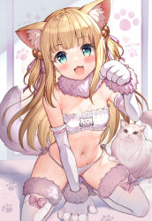 1girl :3 :d akabane_(zebrasmise) animal_ear_fluff animal_ears animal_hands aqua_eyes armpit_crease bare_shoulders bell between_legs blonde_hair blunt_bangs bra breasts cat cat_day cat_ear_panties cat_ears cat_girl cat_lingerie cat_tail elbow_gloves frilled_bra frills fur-trimmed_legwear fur_collar fur_trim gloves hair_ornament highres jingle_bell kneeling long_hair looking_at_viewer meme_attire mononobe_alice navel nijisanji open_mouth panties paw_gloves side-tie_panties small_breasts smile solo stomach string_panties tail thighhighs thighs two_side_up underwear underwear_only virtual_youtuber whiskers white_cat white_gloves white_panties white_thighhighs