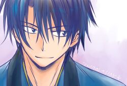 1boy akatsuki_no_yona blue_eyes blue_hair blue_kimono cocoowo2002 commentary hair_between_eyes hak_(akatsuki_no_yona) japanese_clothes kimono looking_to_the_side male_focus short_hair signature smile solo