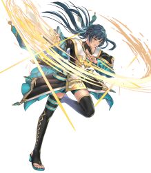 1girl athena_(fire_emblem) athena_(resplendent)_(fire_emblem) black_hair black_thighhighs fire_emblem fire_emblem:_new_mystery_of_the_emblem fire_emblem_heroes frilled_sleeves frills high_heel_sandals high_heels highres nintendo non-web_source official_alternate_costume official_art sandals solo thighhighs yellow_eyes