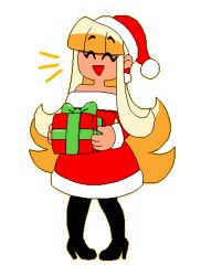 1girl black_boots blonde_hair boots box christmas closed_eyes flat_chest gift gift_box happy hat lowres open_mouth original pizza_princess_(tinytoxicwaste101) pizza_tower santa_costume santa_hat solo tinytoxicwaste101 transparent_background