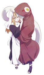 1boy 1girl apron bad_id bad_pixiv_id bidarian blonde_hair coat full_body green_eyes highres long_hair long_sleeves looking_at_another naruto_(series) naruto_shippuuden ninja open_mouth red_coat sandals semi-rimless_eyewear simple_background snake standing toes veil waist_apron white_apron white_background white_hair yakushi_kabuto yakushi_nonou